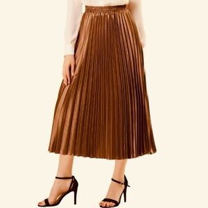 New Ophelia Roe Gold‎ Brown Metallic Accordion Pleated Midi Skirt Size Small NWT